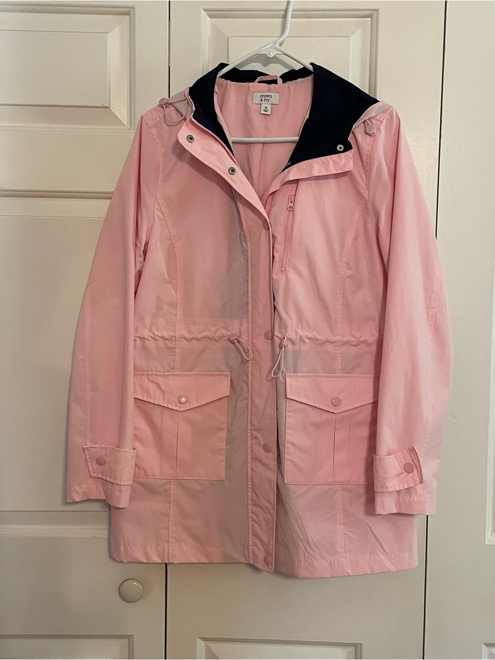 crown & ivy Light Pink Hooded Trench Coat with Navy Lining